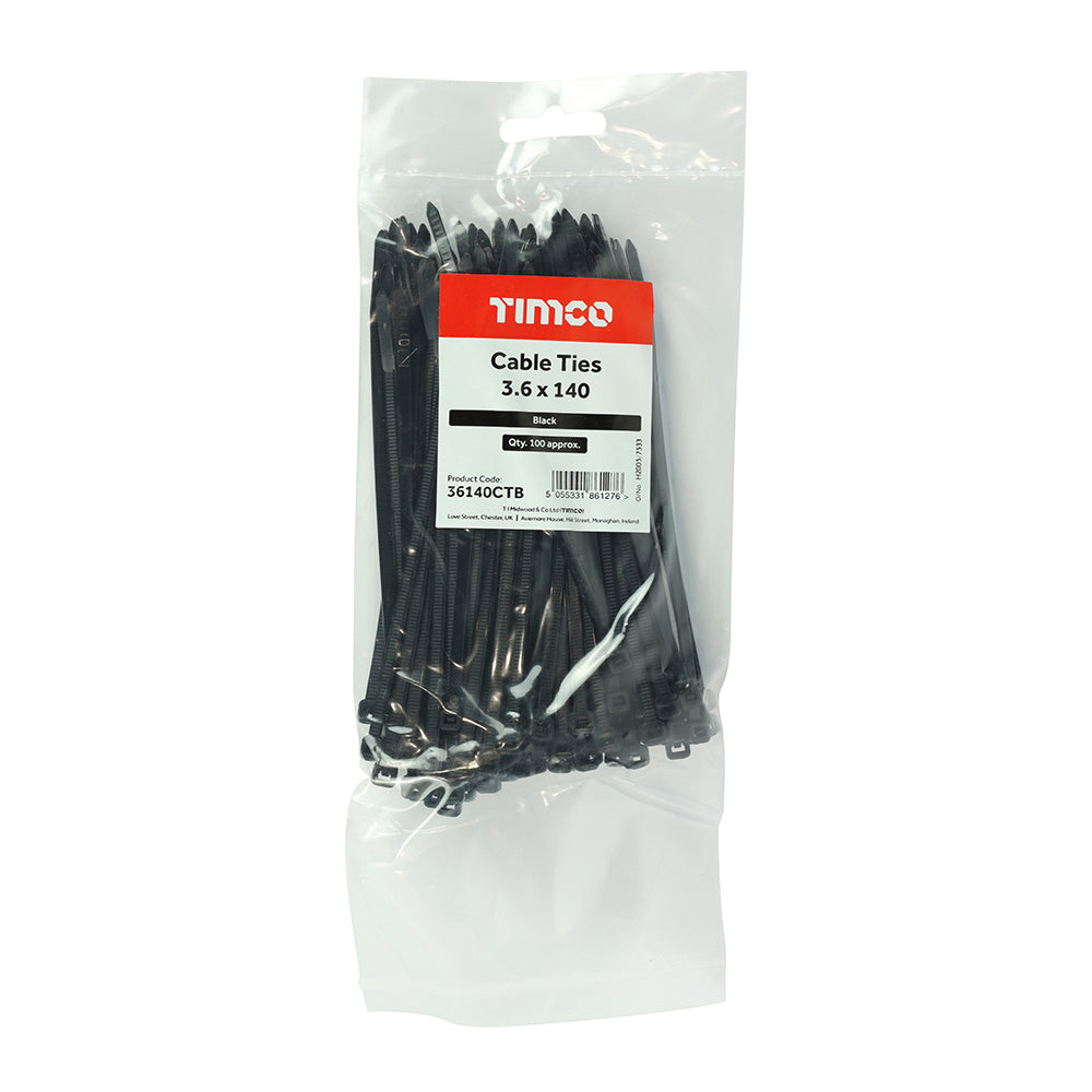 Black cable ties, 3.6mm x 140mm, 100 pack - additional angle
