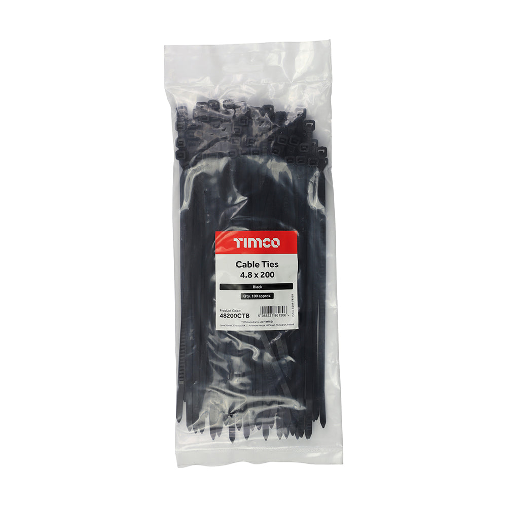 Black cable ties, 4.8mm x 200mm, 100 pack - additional angle