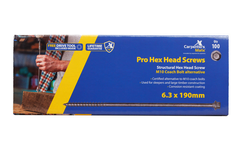 Carpenters Mate PRO Hex Head Self-Drilling Screw 6.3 x 190mm (Pack of 100)