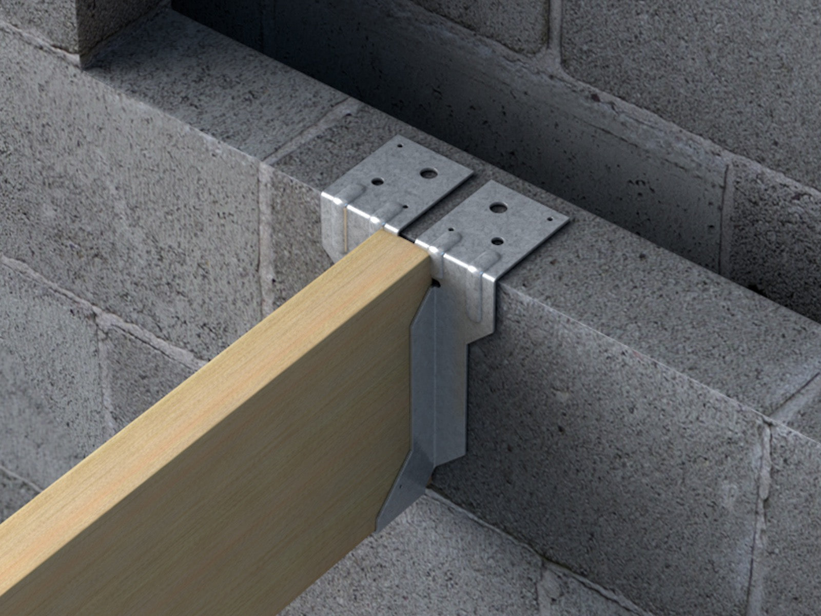Masonry joist hanger built into blockwork supporting a timber joist
